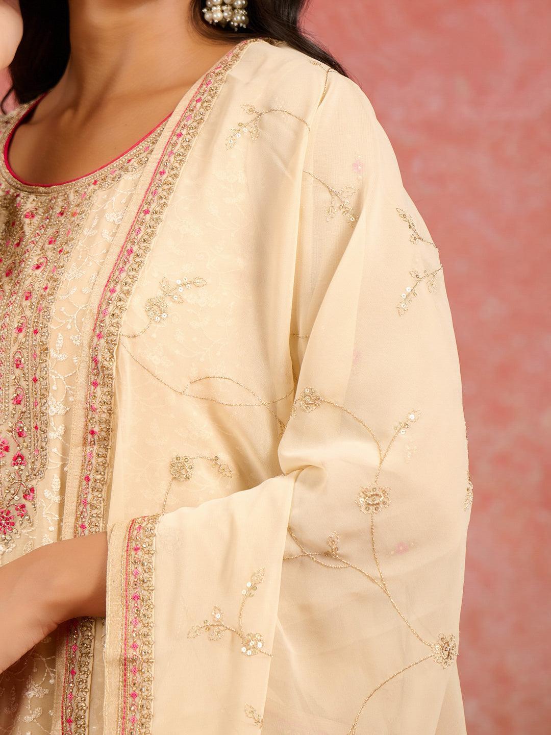 Beige Embroidered Georgette Straight Kurta With Trousers & Dupatta - Libas 