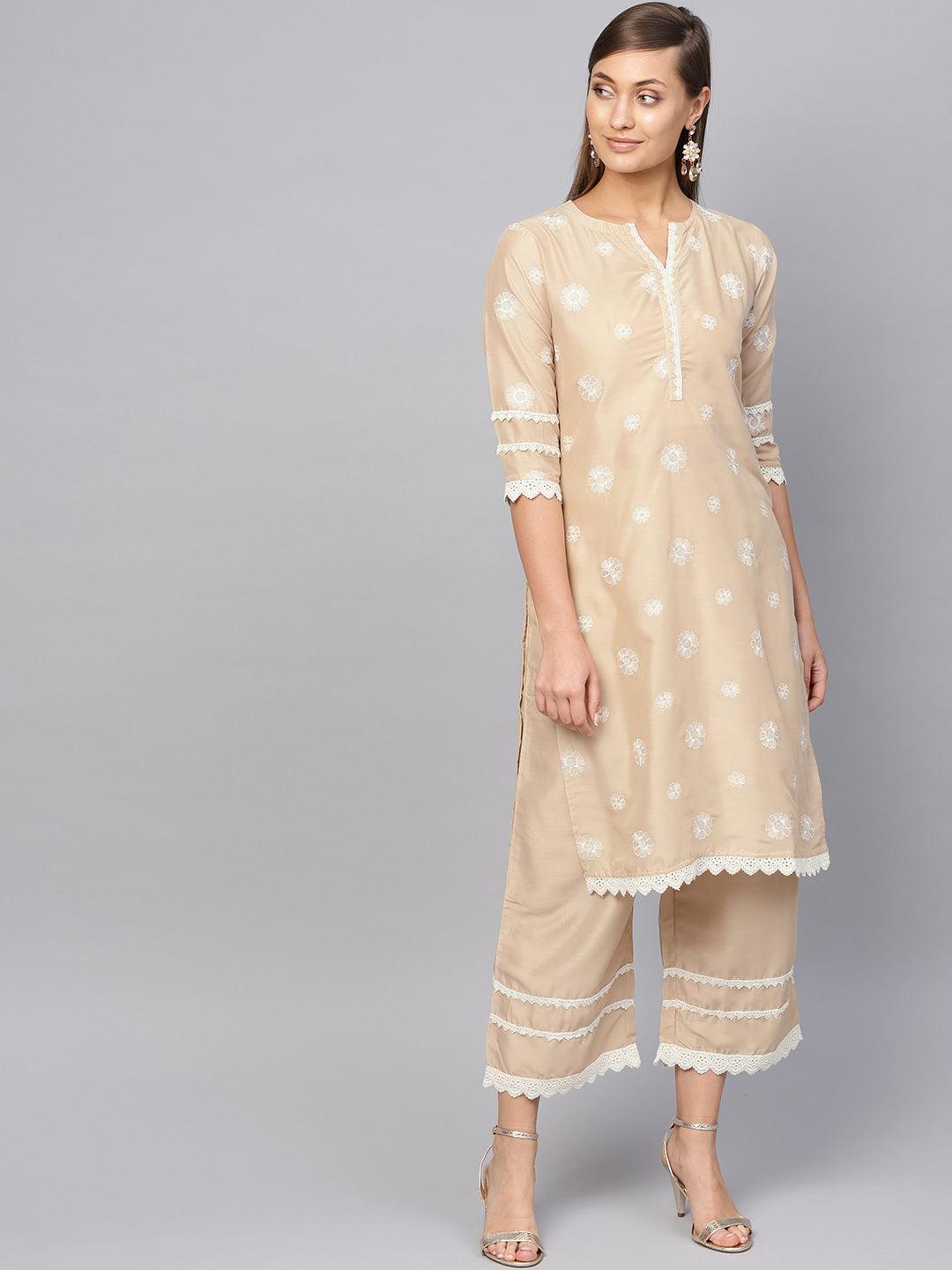 Beige Embroidered Muslin Kurta Set - Libas 
