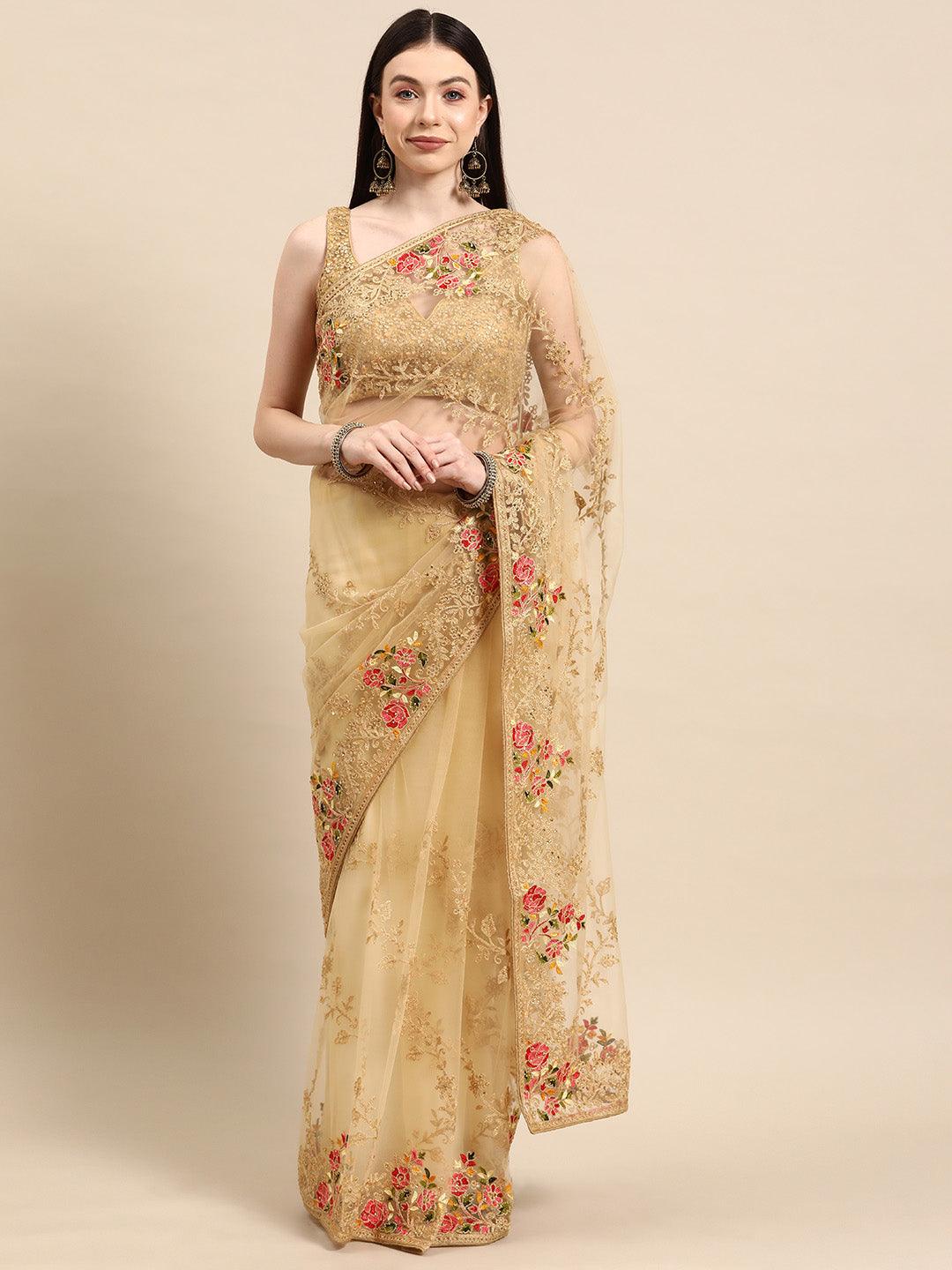 Beige Embroidered Net Saree - Libas 