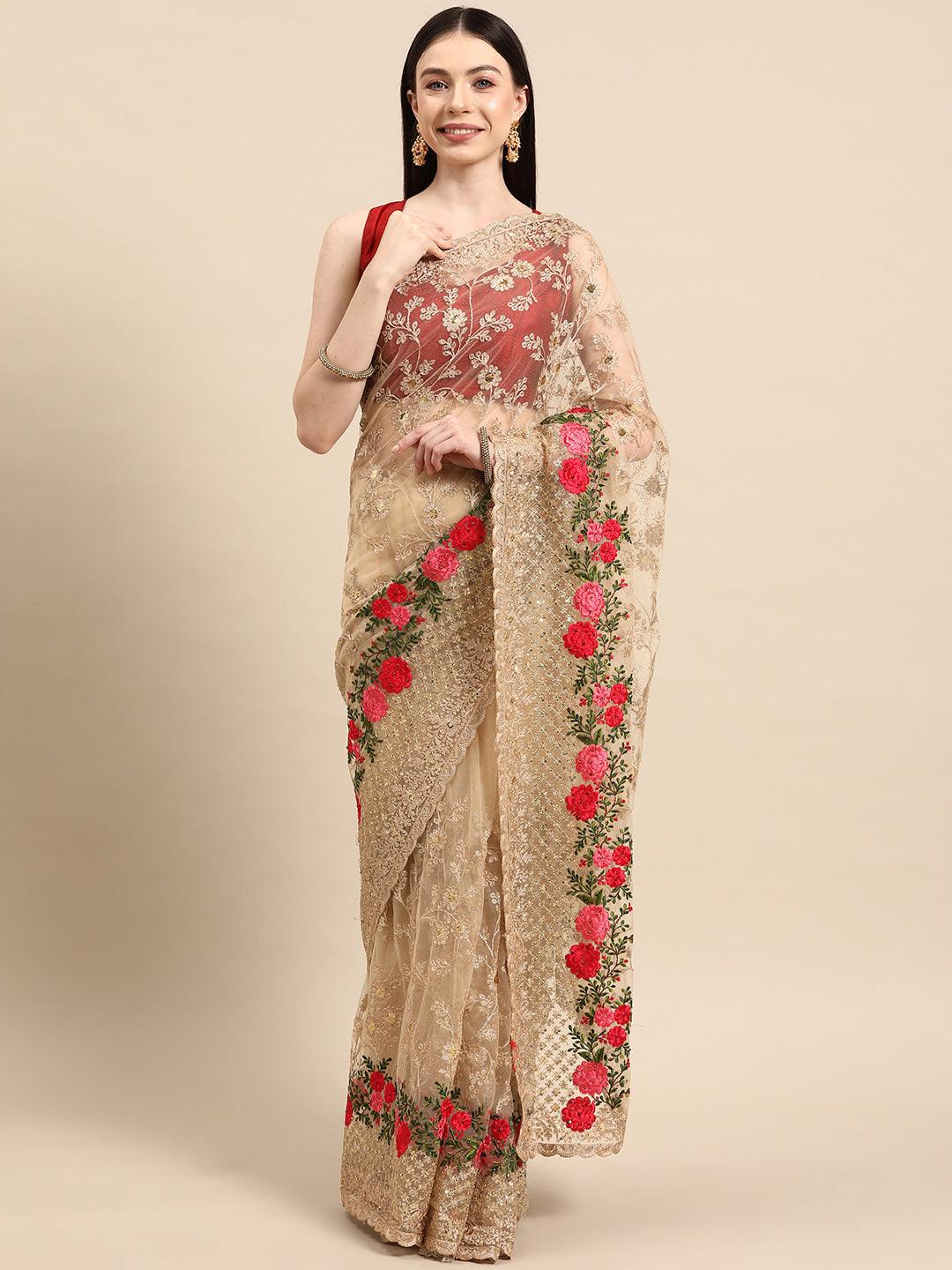 Beige Embroidered Net Saree - Libas 