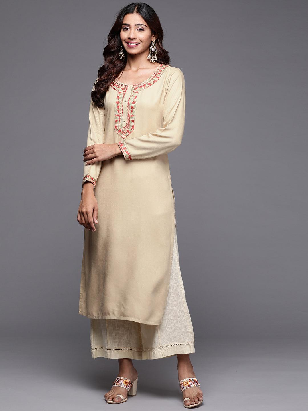 Beige Embroidered Pashmina Wool Straight Kurta - Libas 