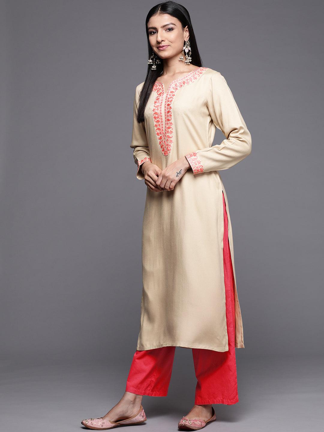 Beige Embroidered Pashmina Wool Straight Kurta - Libas 