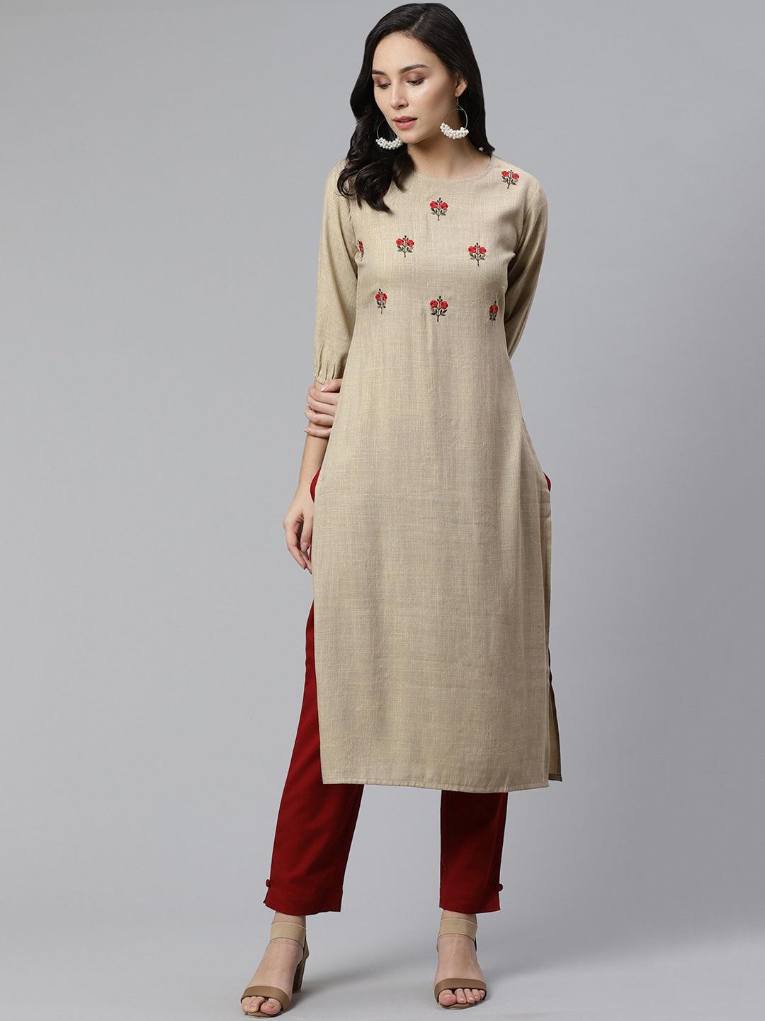 Beige Embroidered Rayon Kurta - Libas 