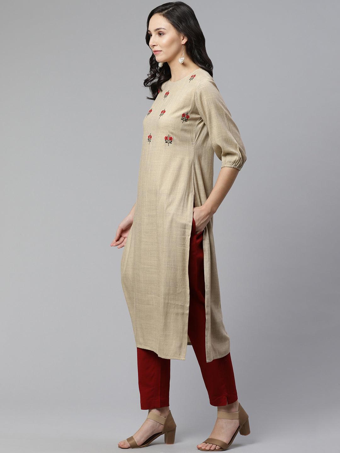 Beige Embroidered Rayon Kurta - Libas 