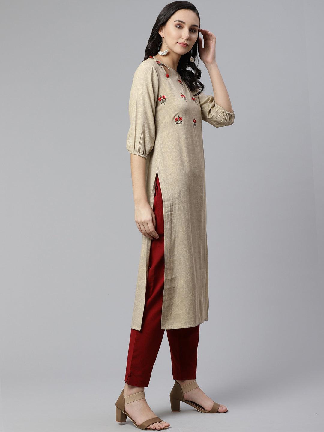 Beige Embroidered Rayon Kurta - Libas 