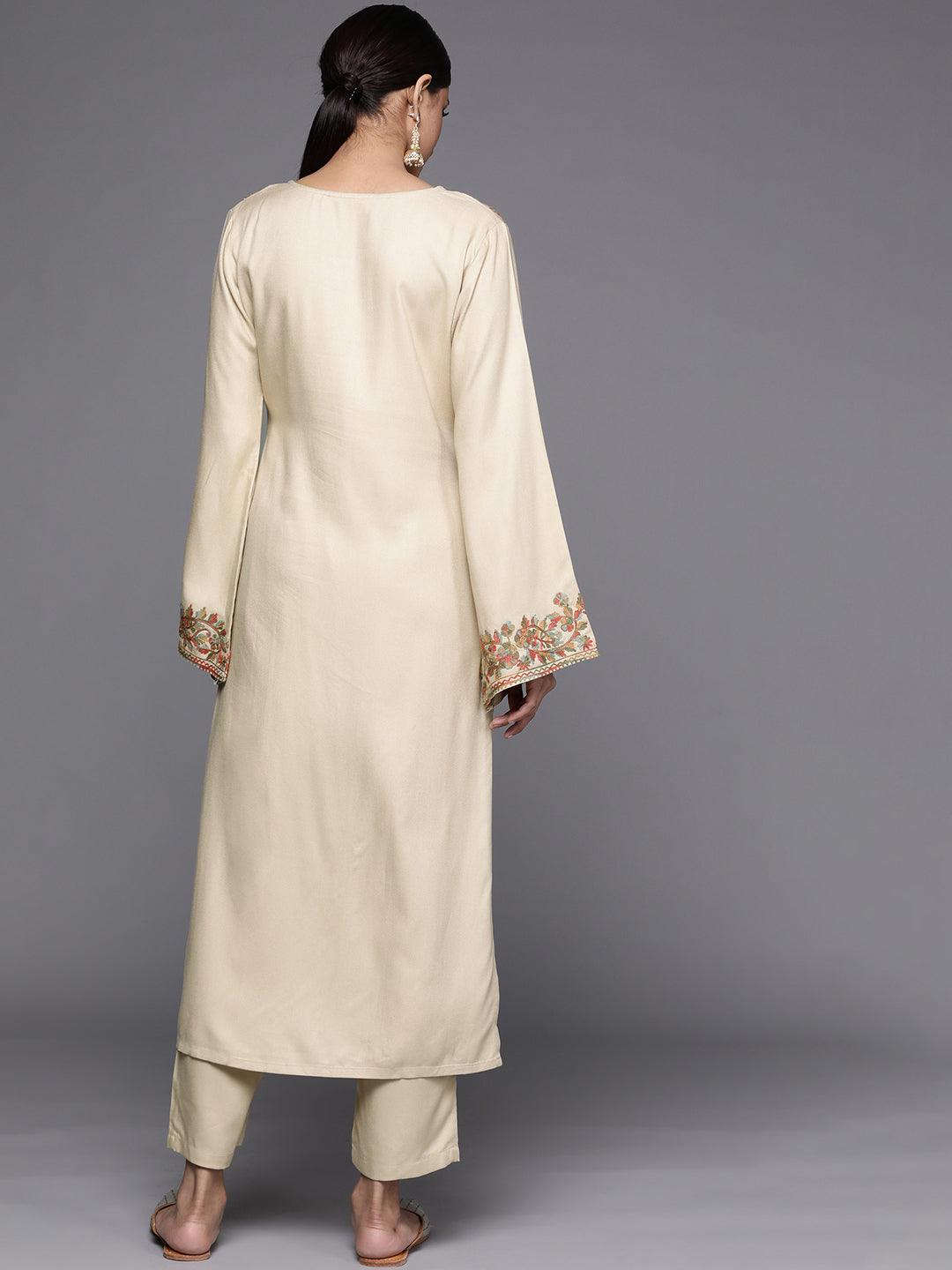 Beige Embroidered Rayon Kurta - Libas 