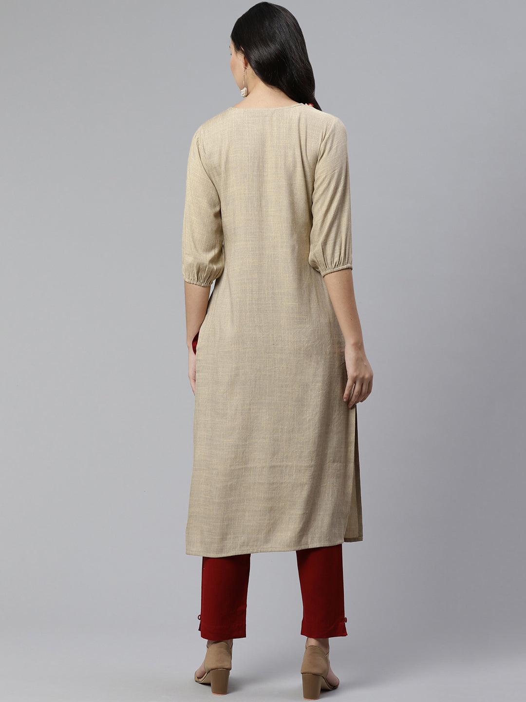 Beige Embroidered Rayon Kurta - Libas 