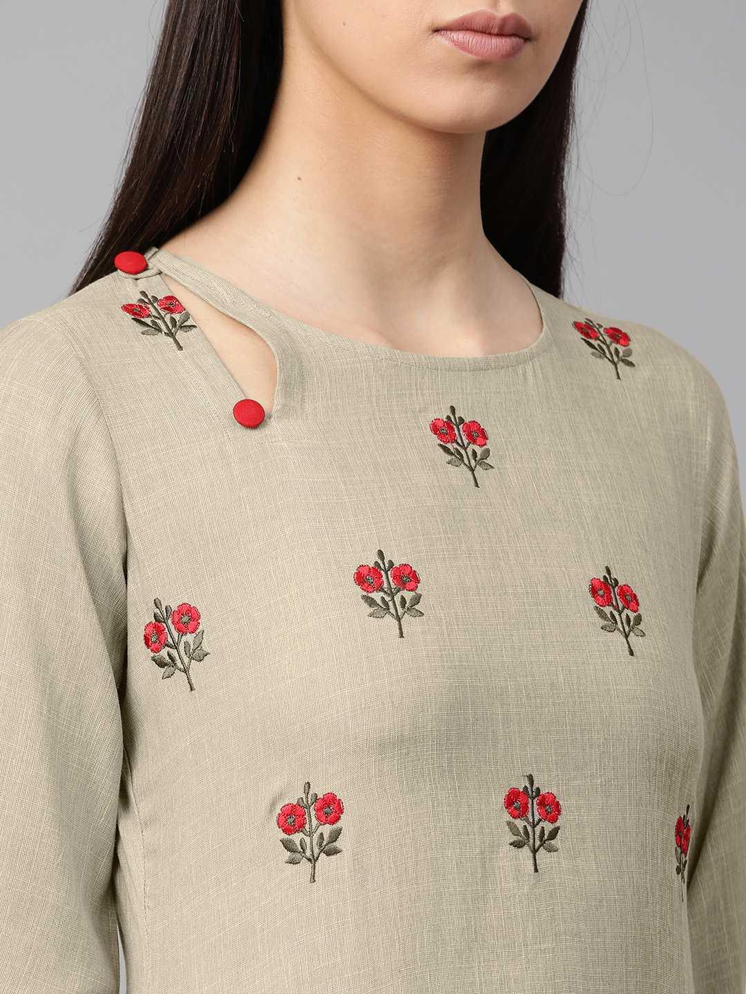 Beige Embroidered Rayon Kurta - Libas 