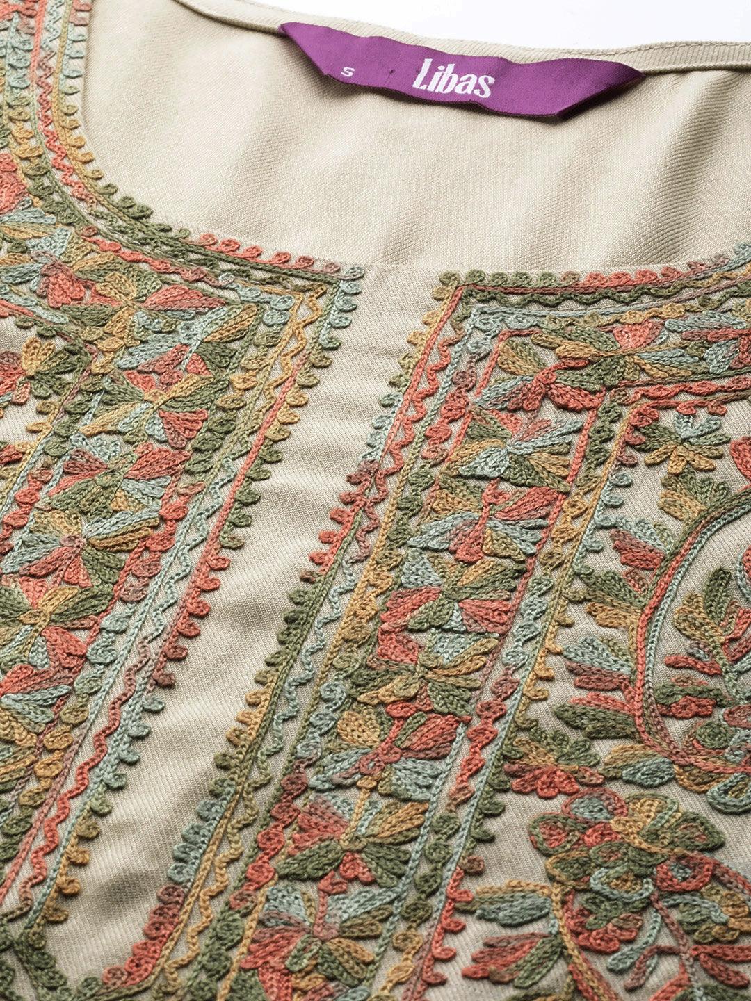 Beige Embroidered Rayon Kurta - Libas 