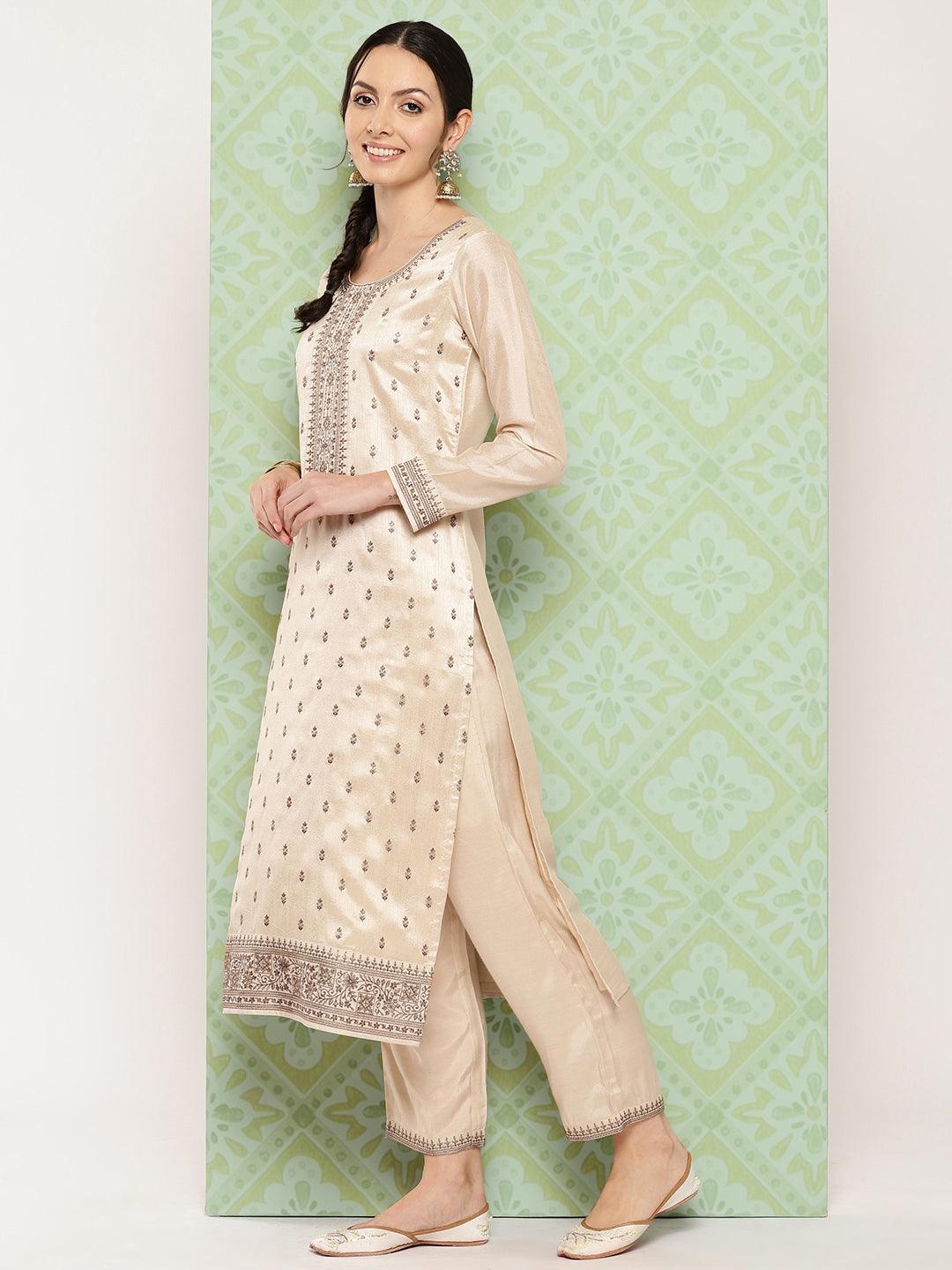 Beige Embroidered Silk Blend Straight Kurta With Trousers & Dupatta - Libas 