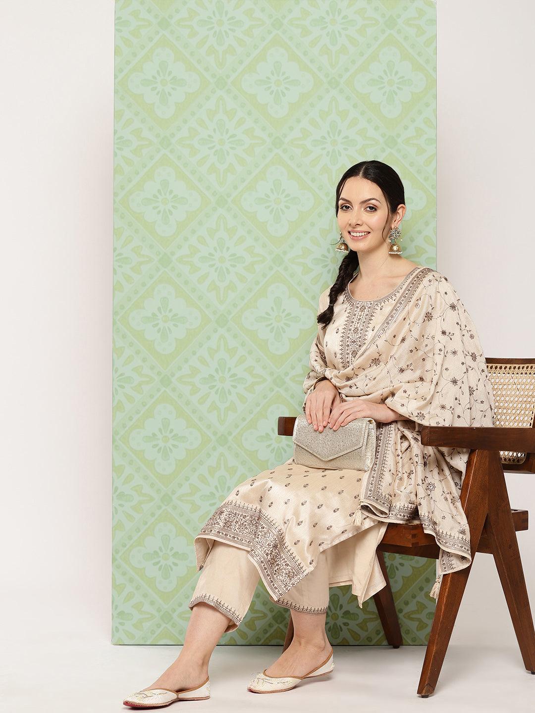 Beige Embroidered Silk Blend Straight Kurta With Trousers & Dupatta - Libas 