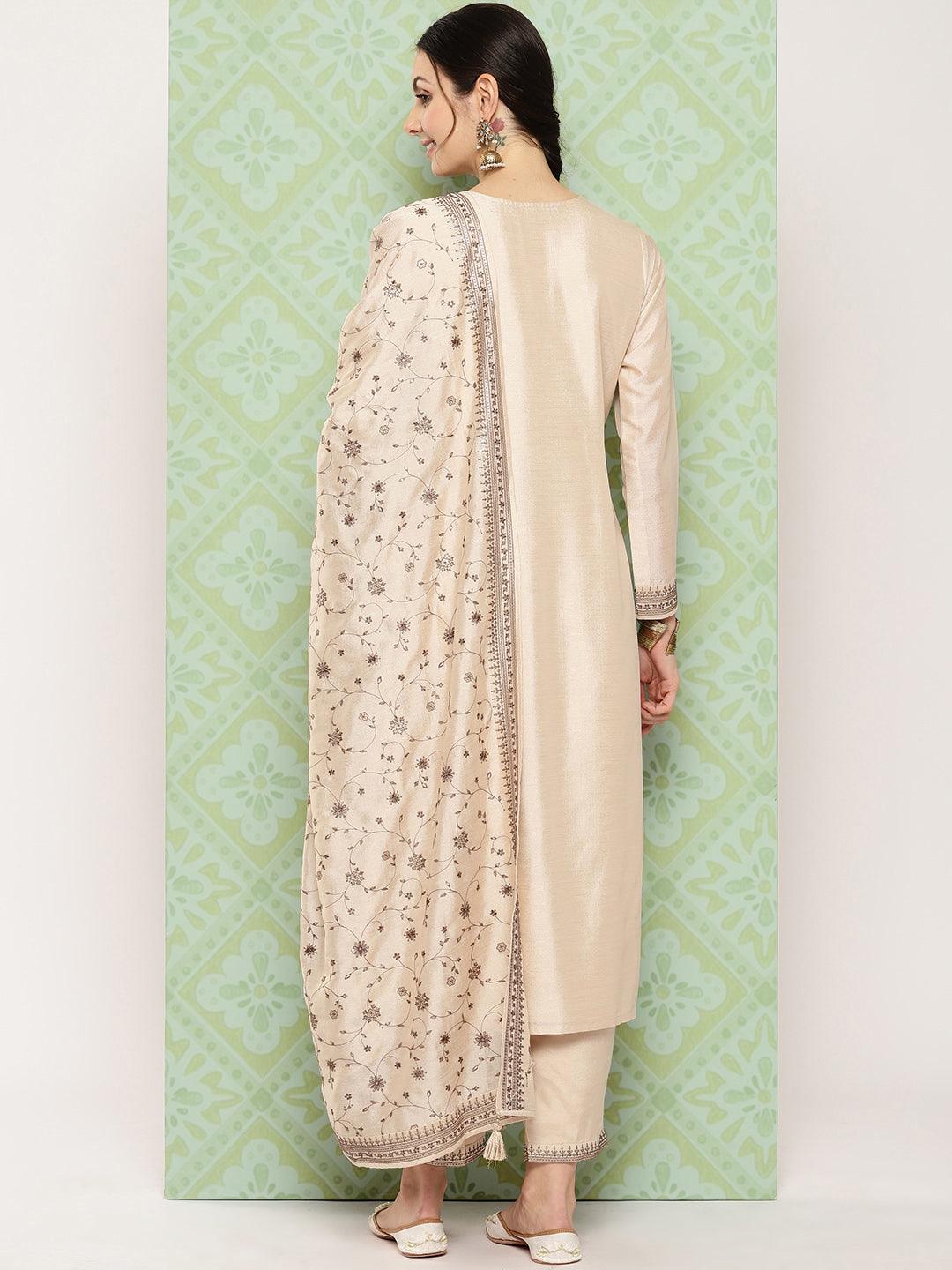 Beige Embroidered Silk Blend Straight Kurta With Trousers & Dupatta - Libas 