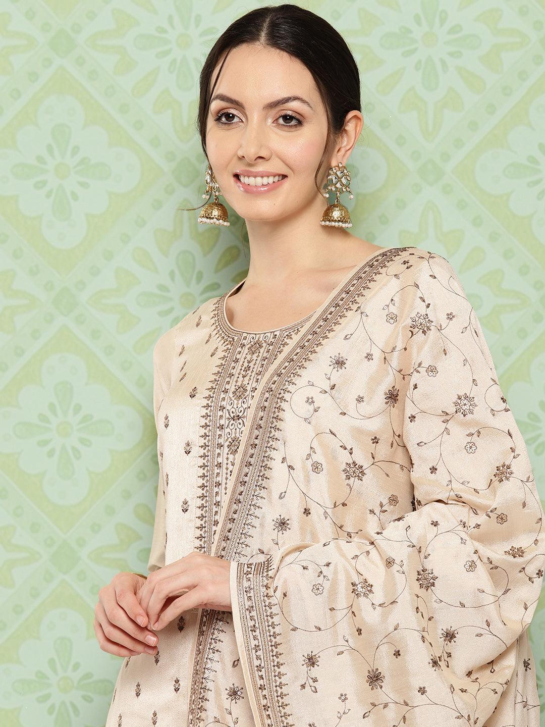 Beige Embroidered Silk Blend Straight Kurta With Trousers & Dupatta - Libas 