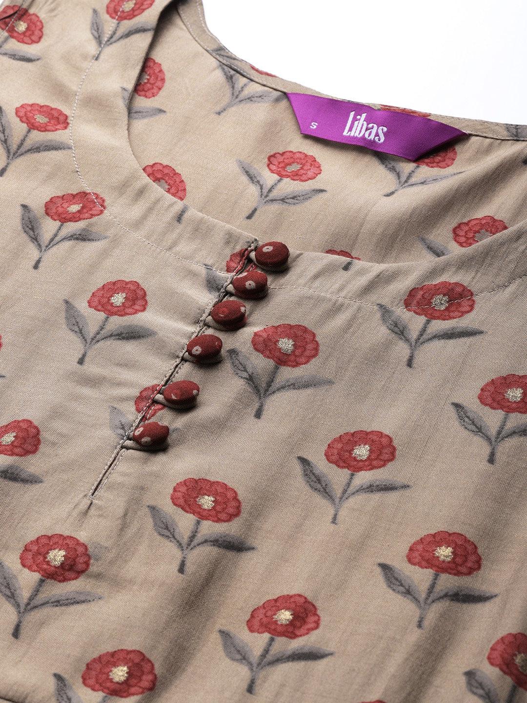 Beige Printed Chanderi Silk Kurta - Libas 