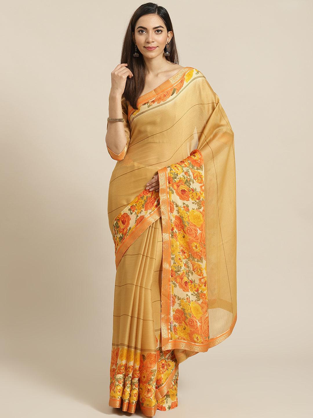 Beige Printed Chiffon Saree - Libas 