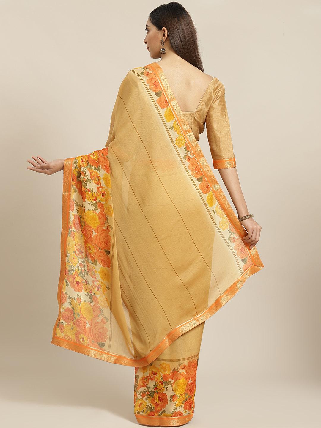 Beige Printed Chiffon Saree - Libas 
