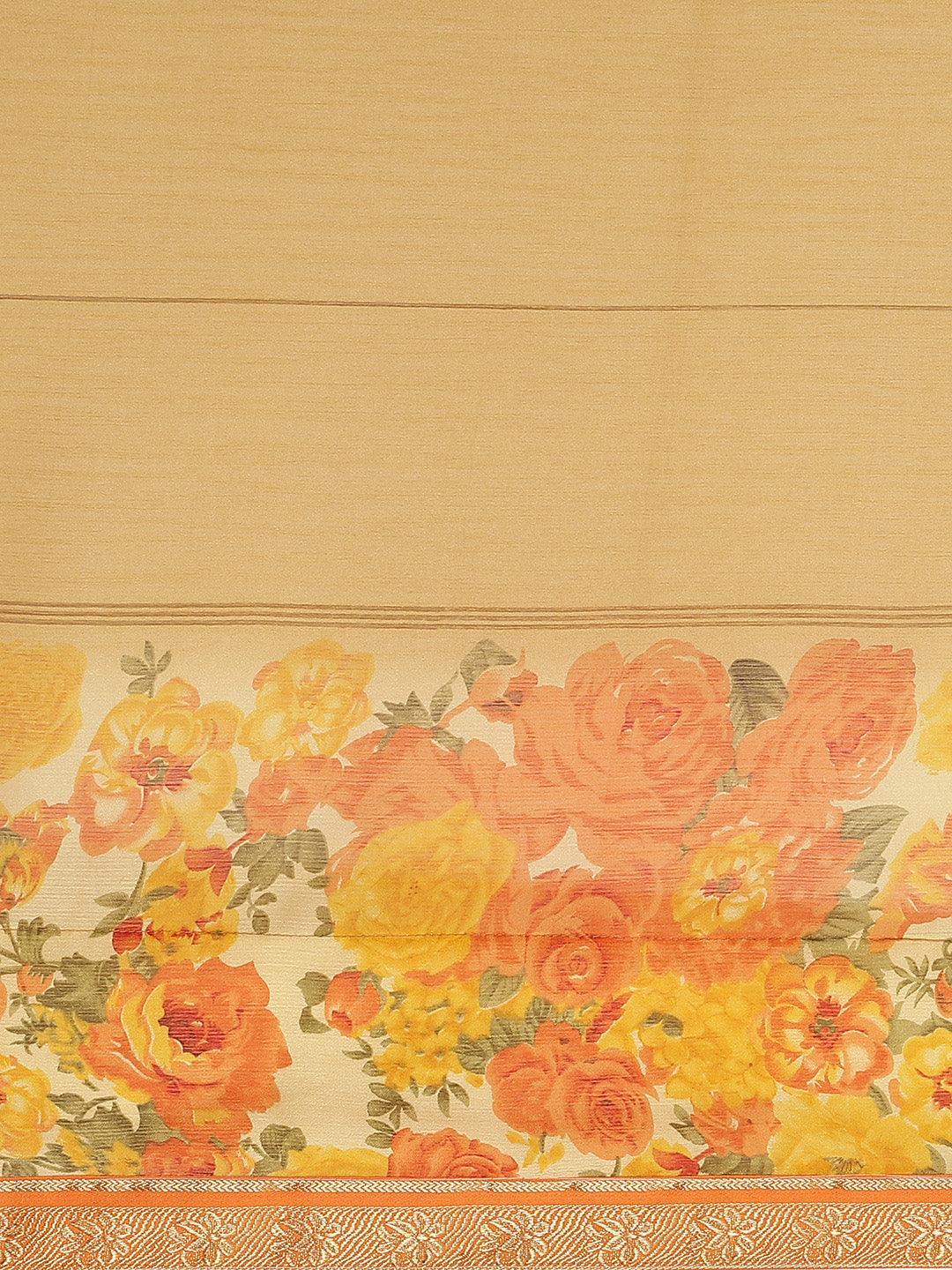 Beige Printed Chiffon Saree - Libas 