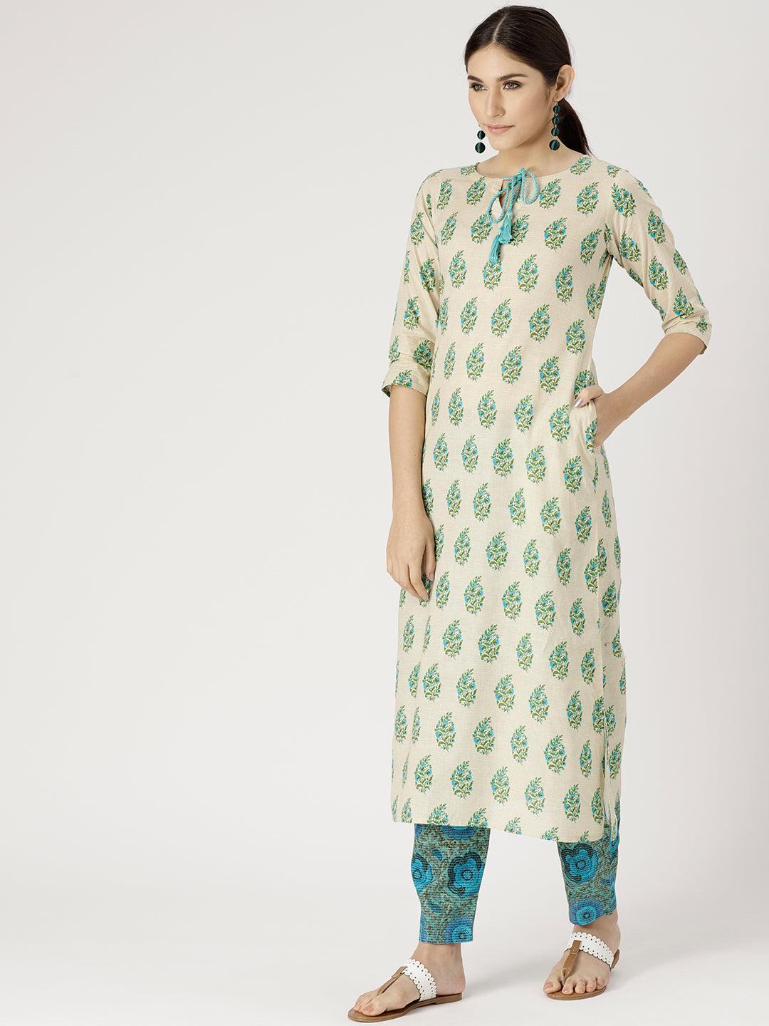 Beige Printed Cotton Kurta Set - Libas 