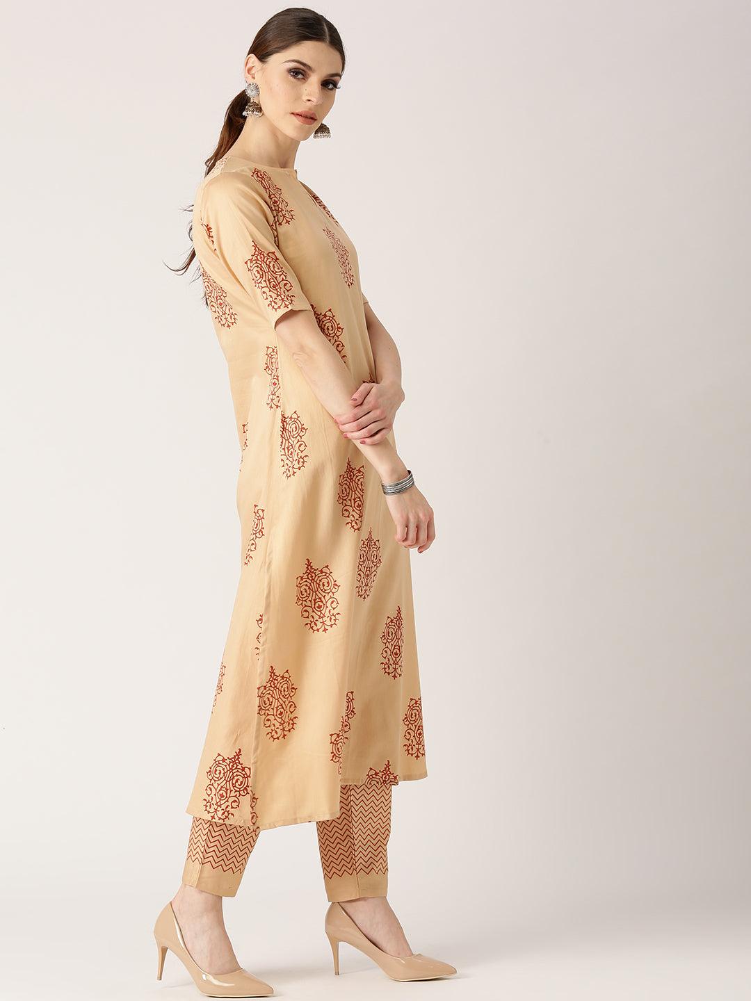 Beige Printed Cotton Kurta Set - Libas 
