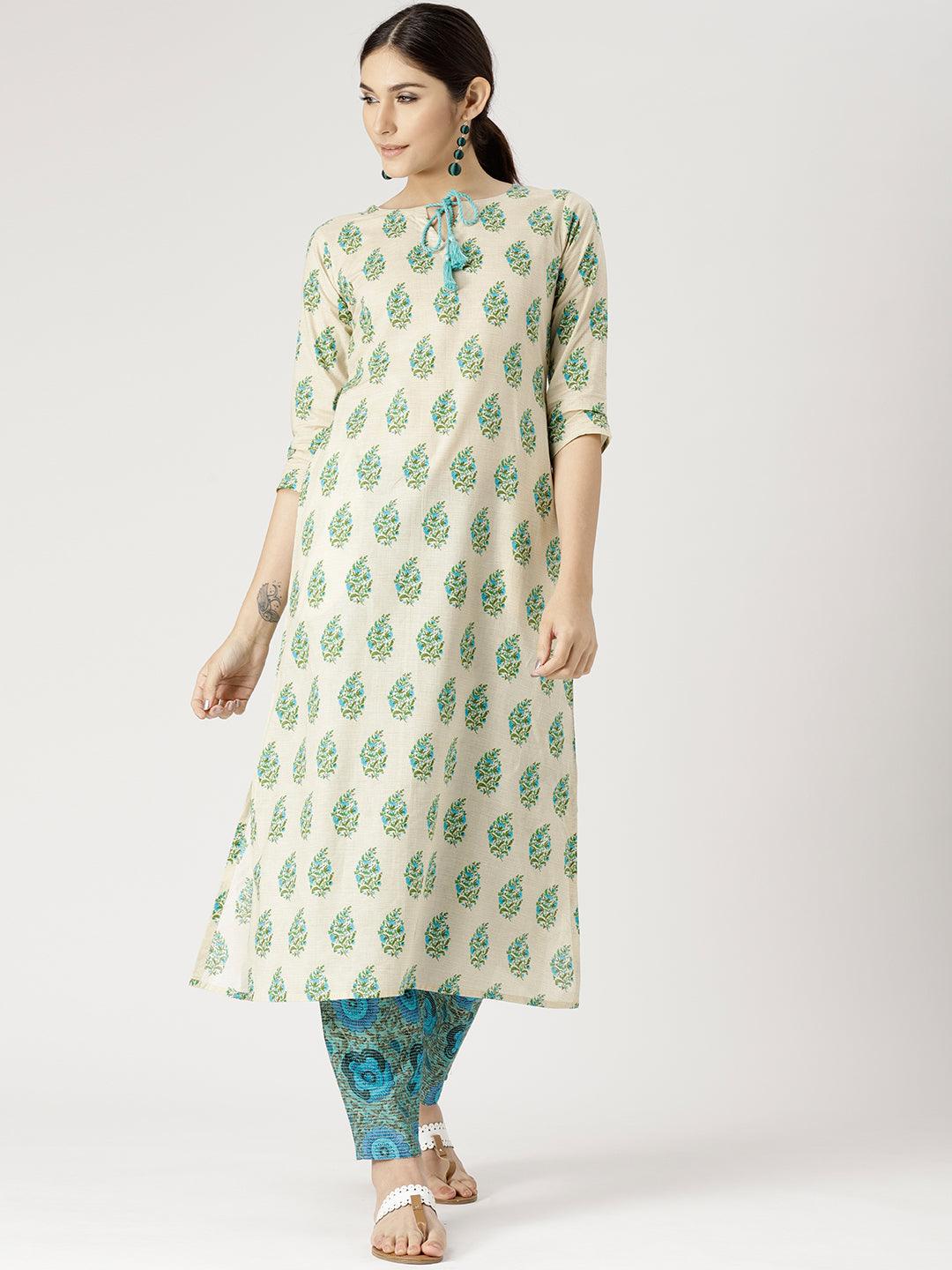 Beige Printed Cotton Kurta Set - Libas 