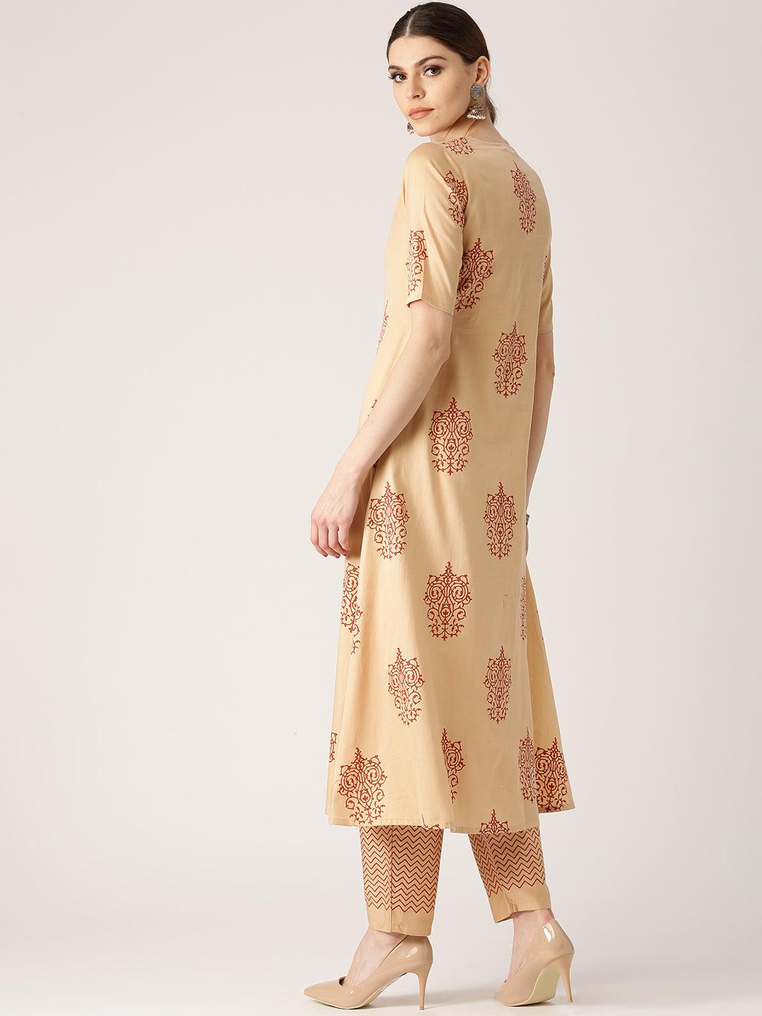 Beige Printed Cotton Kurta Set - Libas 