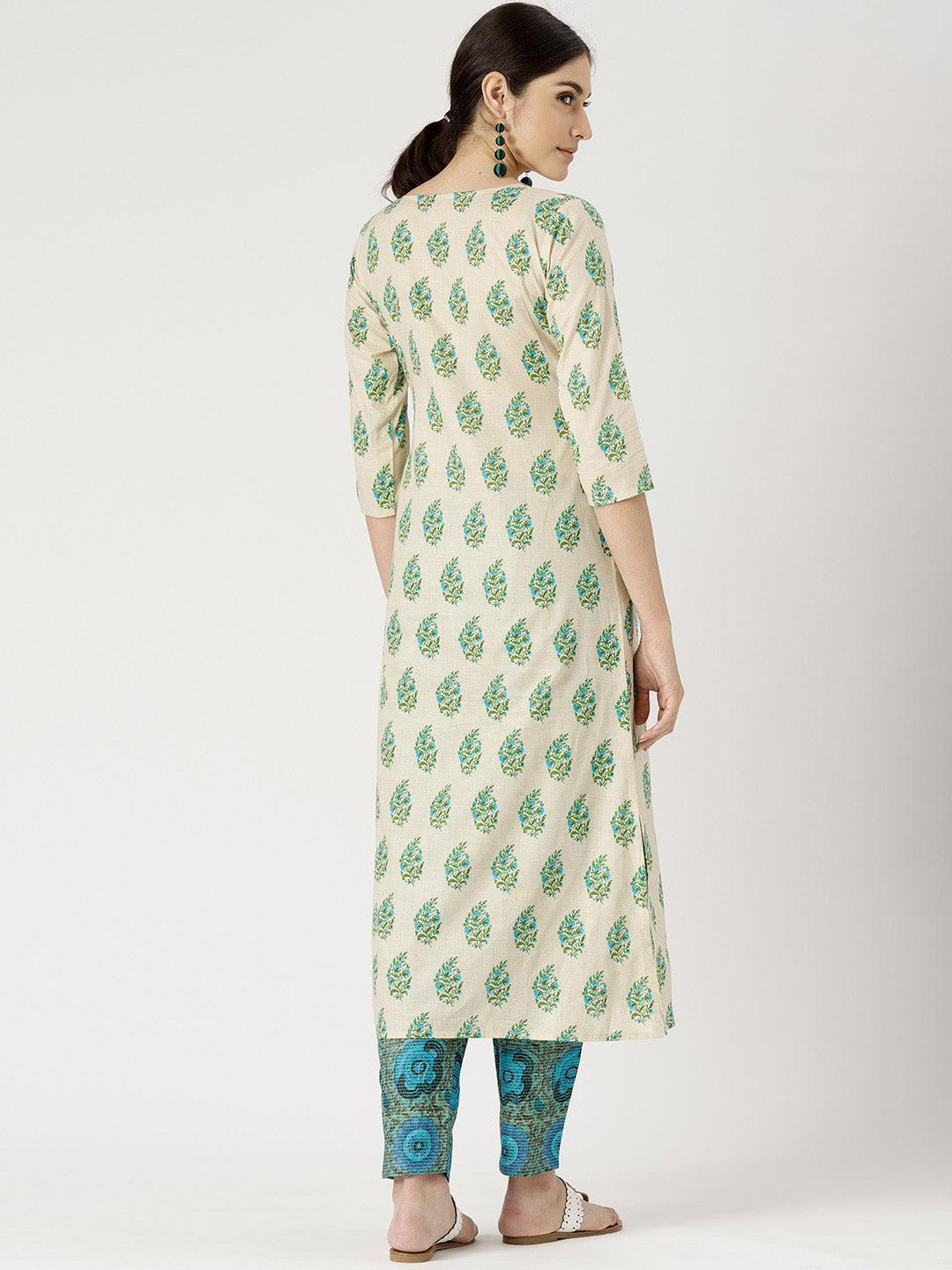 Beige Printed Cotton Kurta Set - Libas 