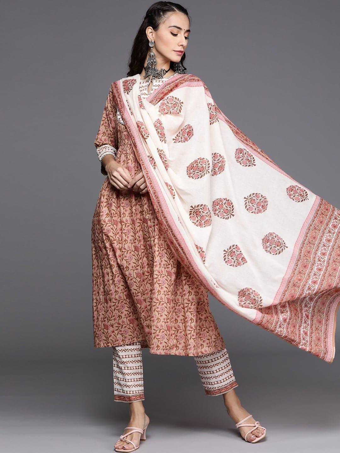 Beige Printed Cotton Suit Set - Libas 