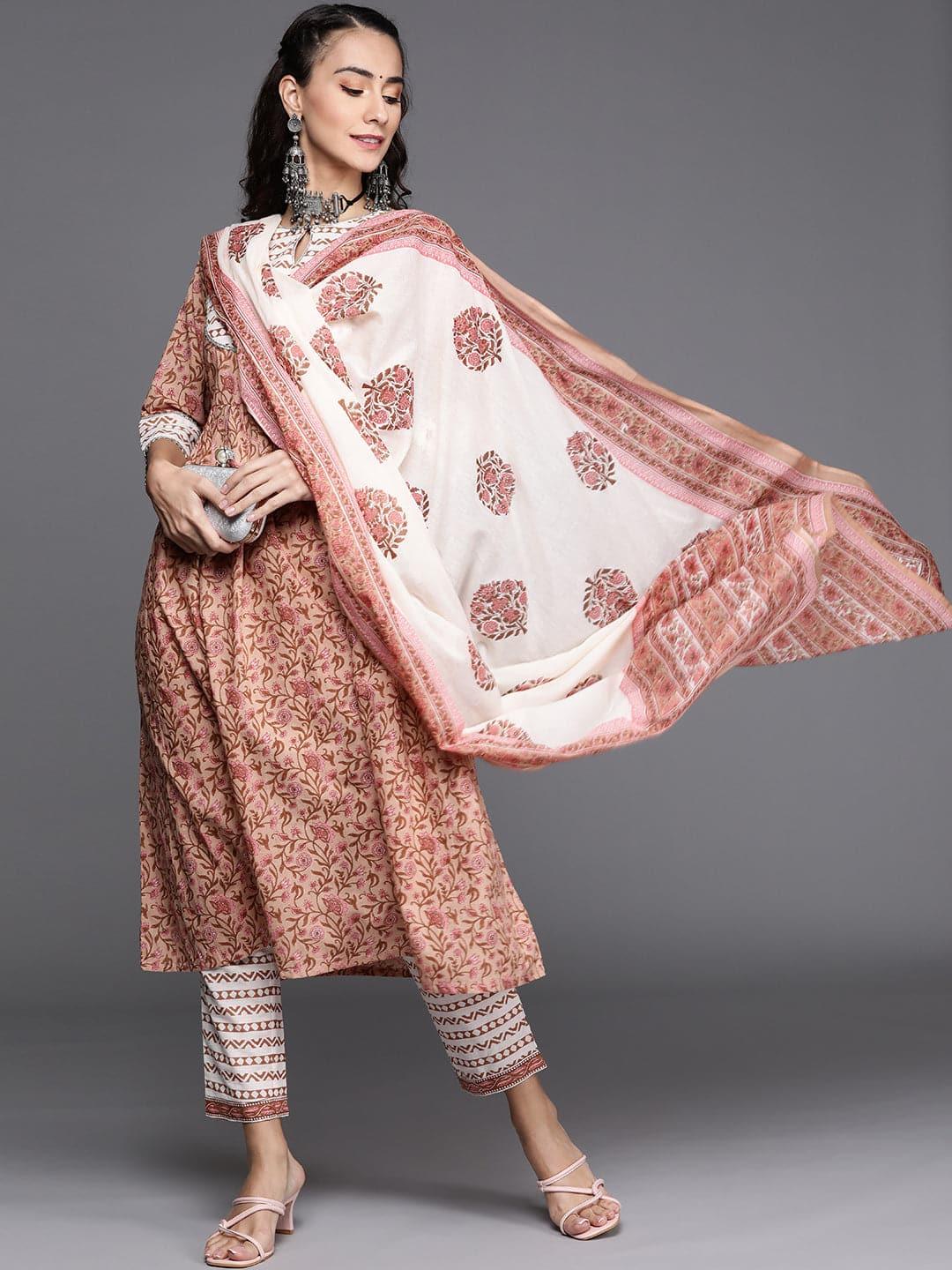 Beige Printed Cotton Suit Set - Libas 