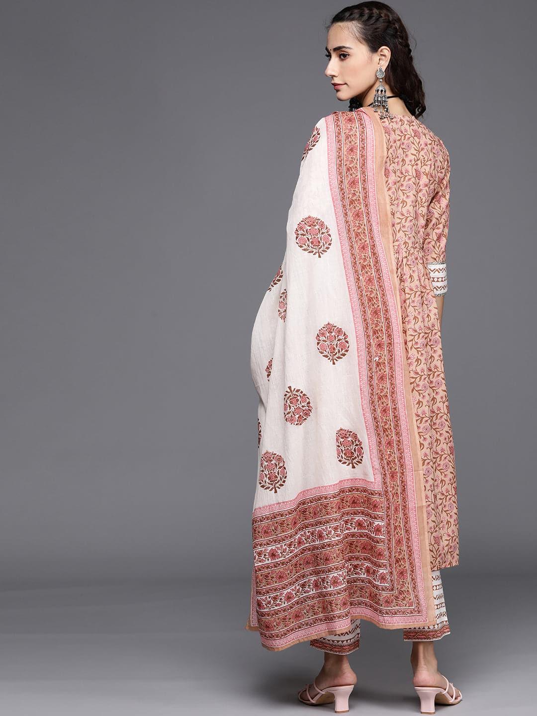 Beige Printed Cotton Suit Set - Libas 