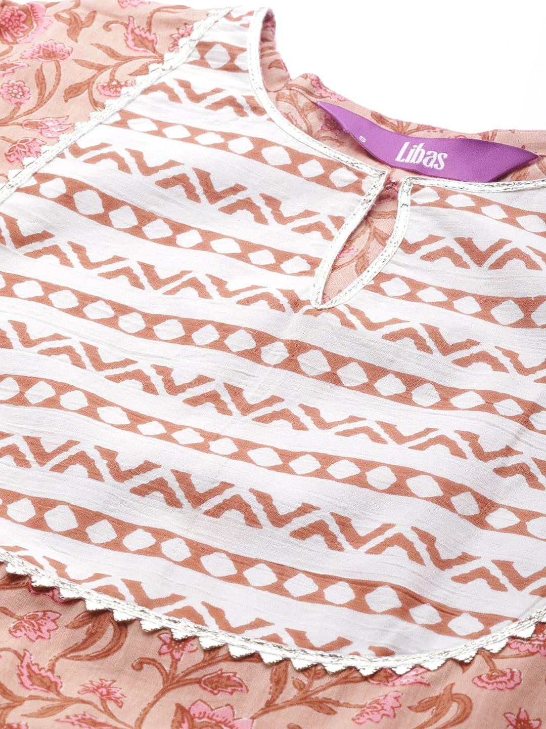 Beige Printed Cotton Suit Set - Libas 