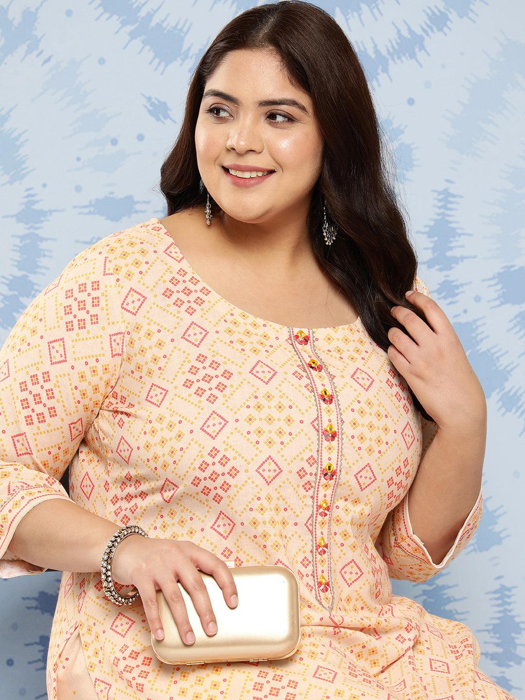 Beige Printed Cotton Blend Straight Kurta With Trousers - Libas 