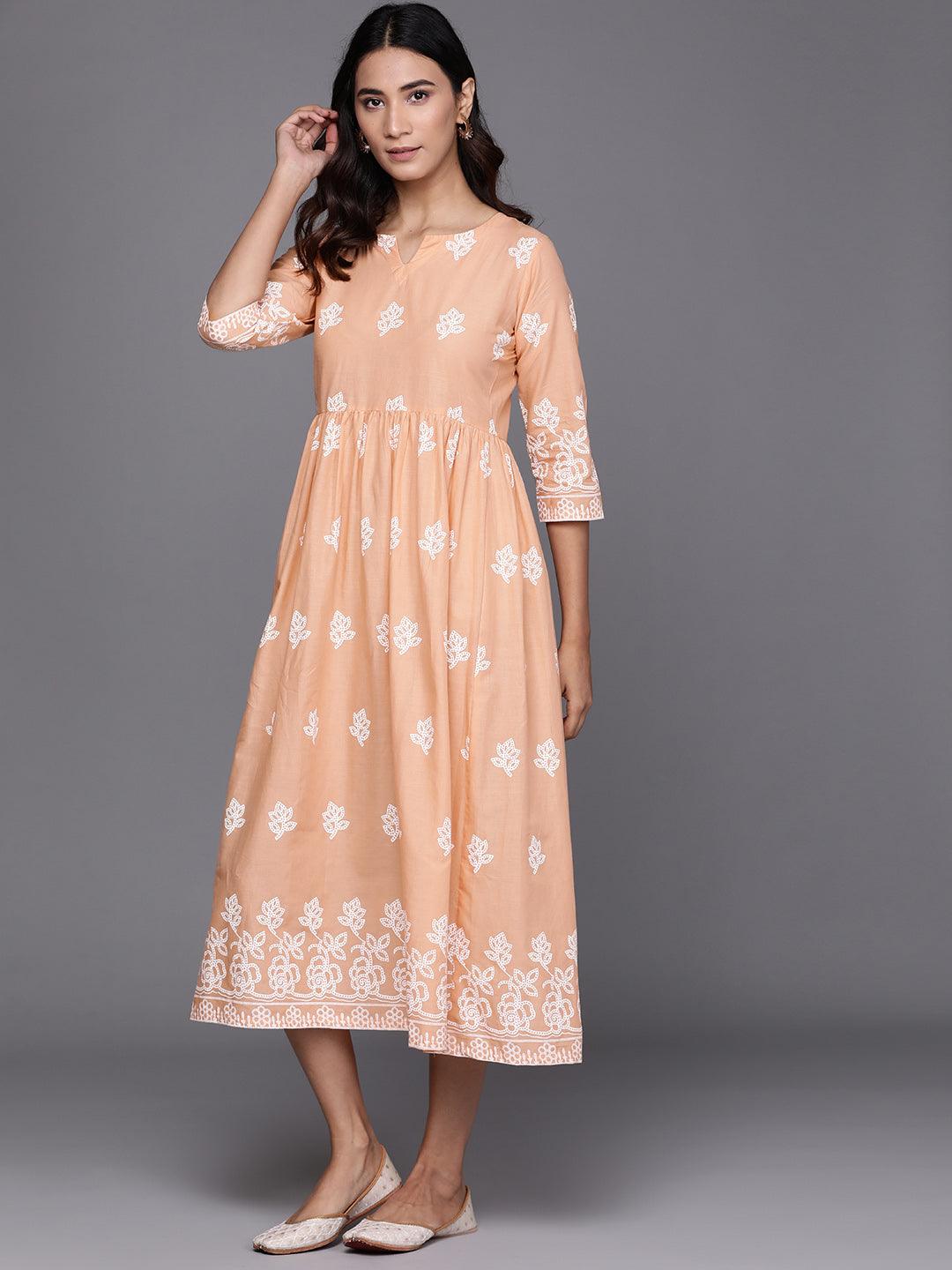 Beige Printed Cotton Dress - Libas 