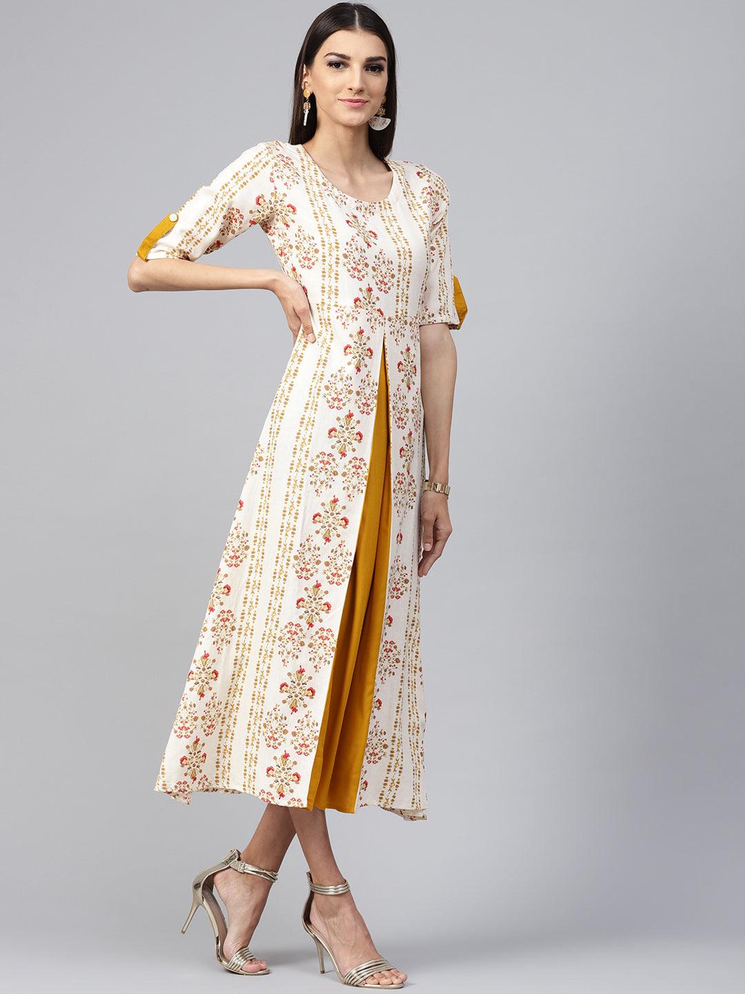 Beige Printed Cotton Dress - Libas 