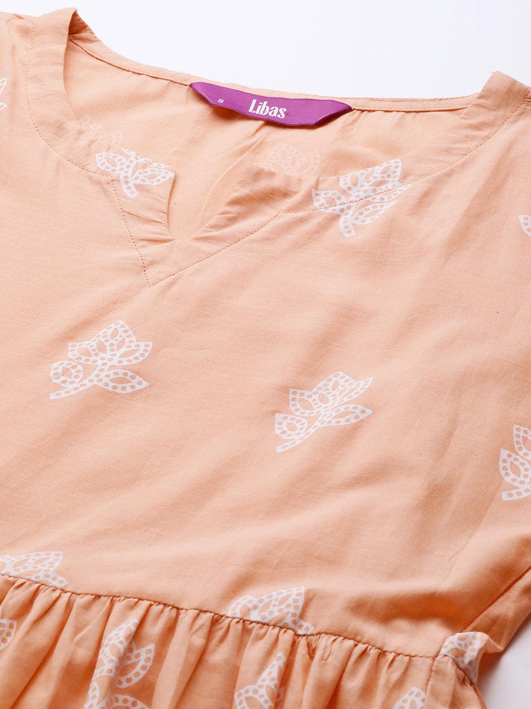 Beige Printed Cotton Dress - Libas 