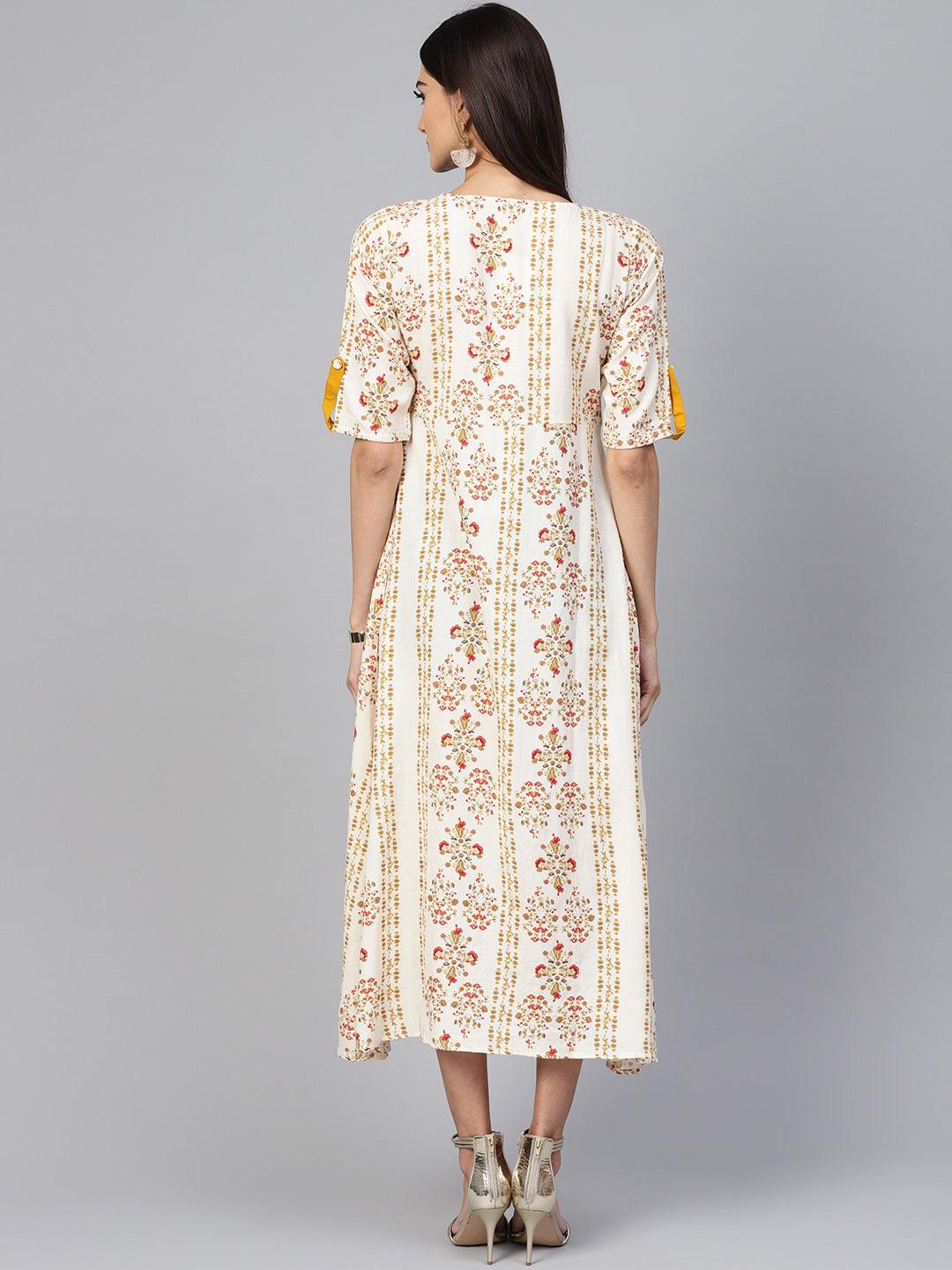Beige Printed Cotton Dress - Libas 
