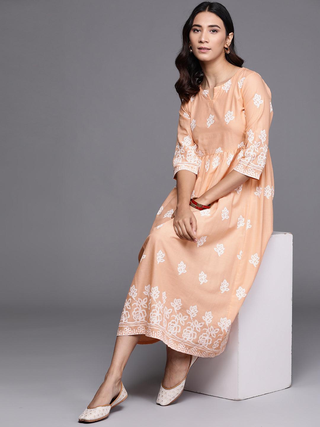 Beige Printed Cotton Dress - Libas 