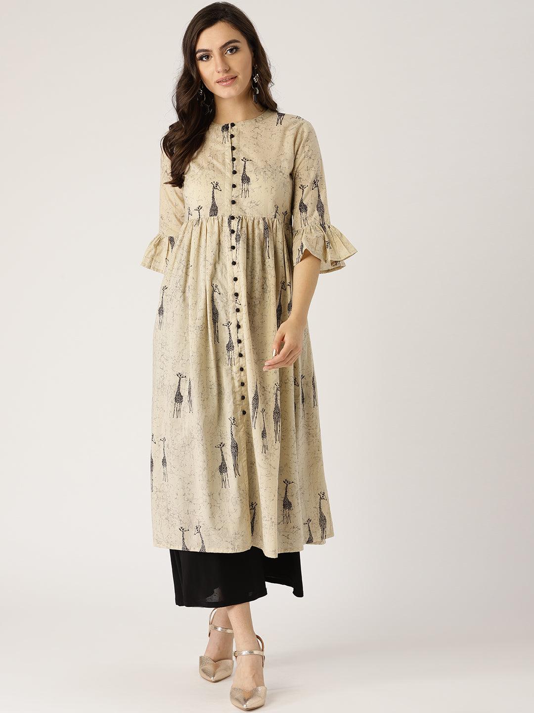 Beige Printed Cotton Kurta - Libas 