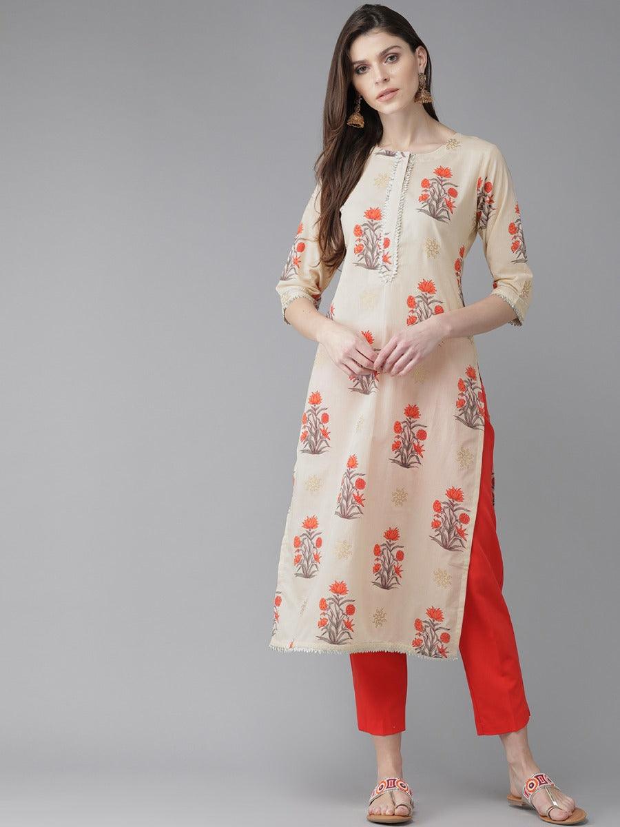 Beige Printed Cotton Kurta - Libas 