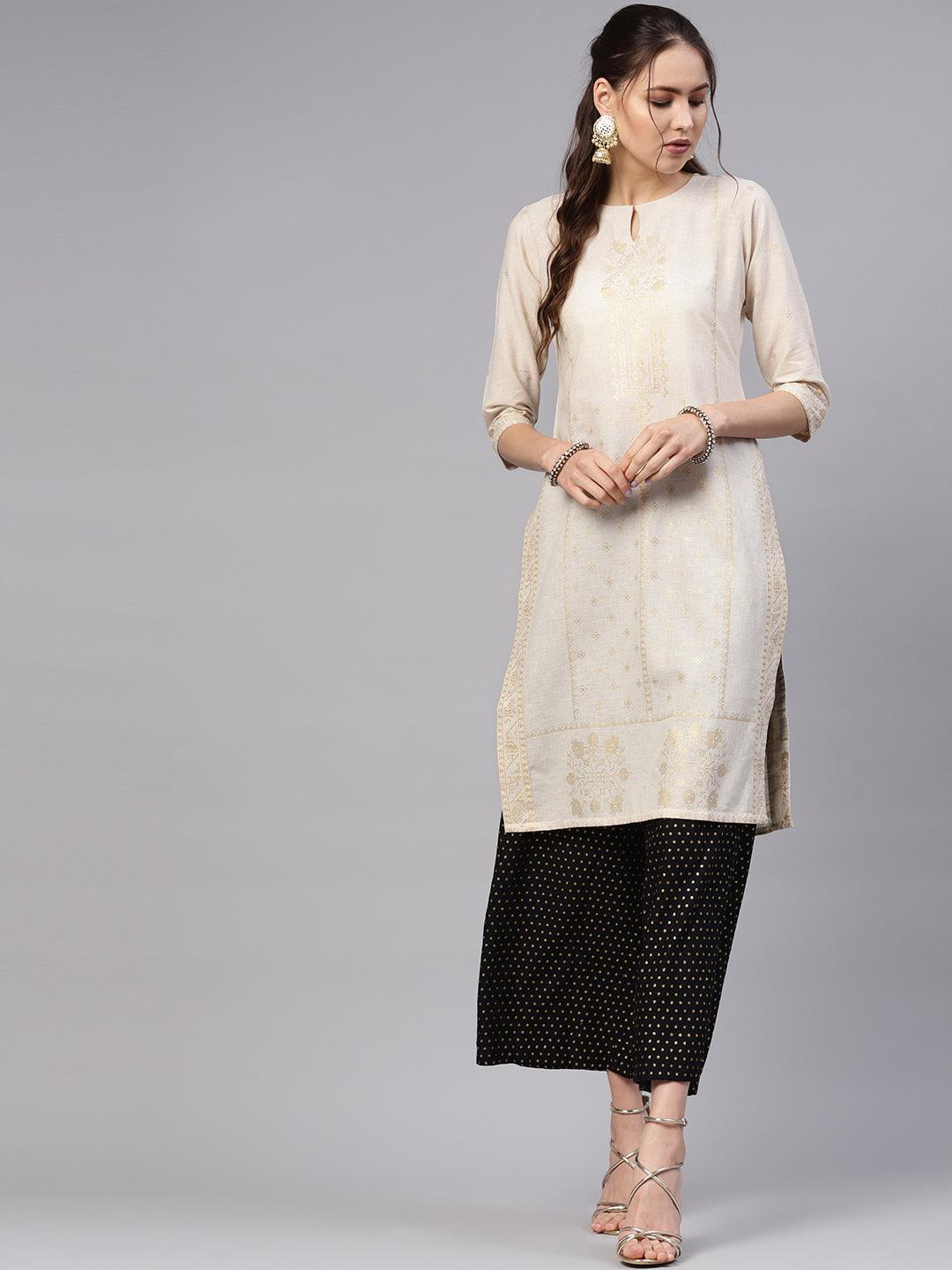 Beige Printed Cotton Kurta - Libas 