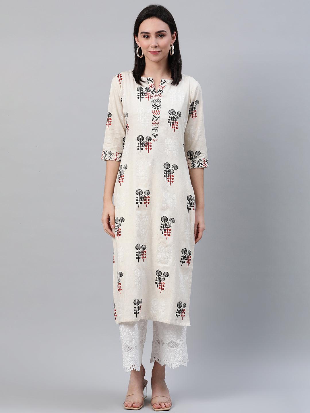 Beige Printed Cotton Kurta - Libas 