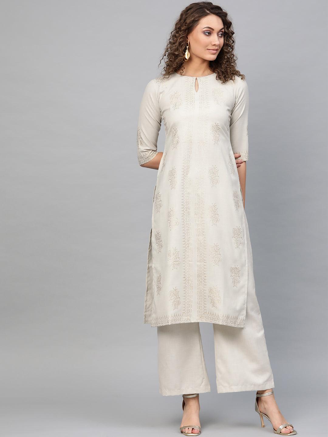 Beige Printed Cotton Kurta - Libas 