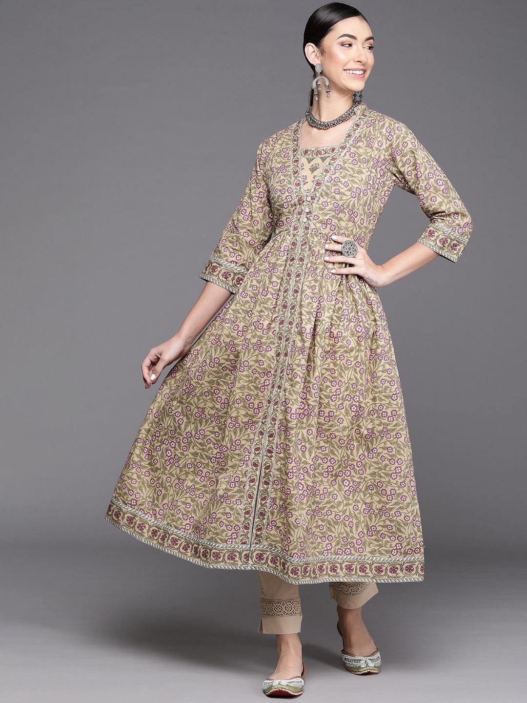 Beige Printed Cotton Kurta - Libas 