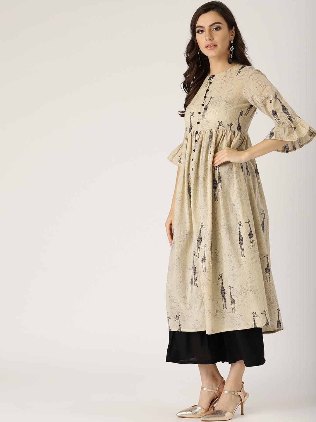 Beige Printed Cotton Kurta - Libas 