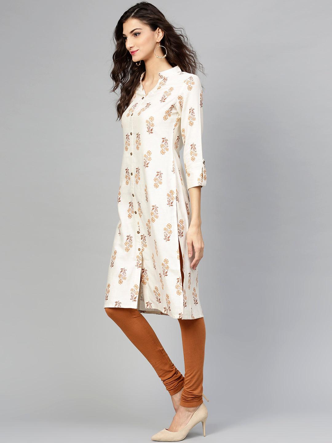 Beige Printed Cotton Kurta - Libas 