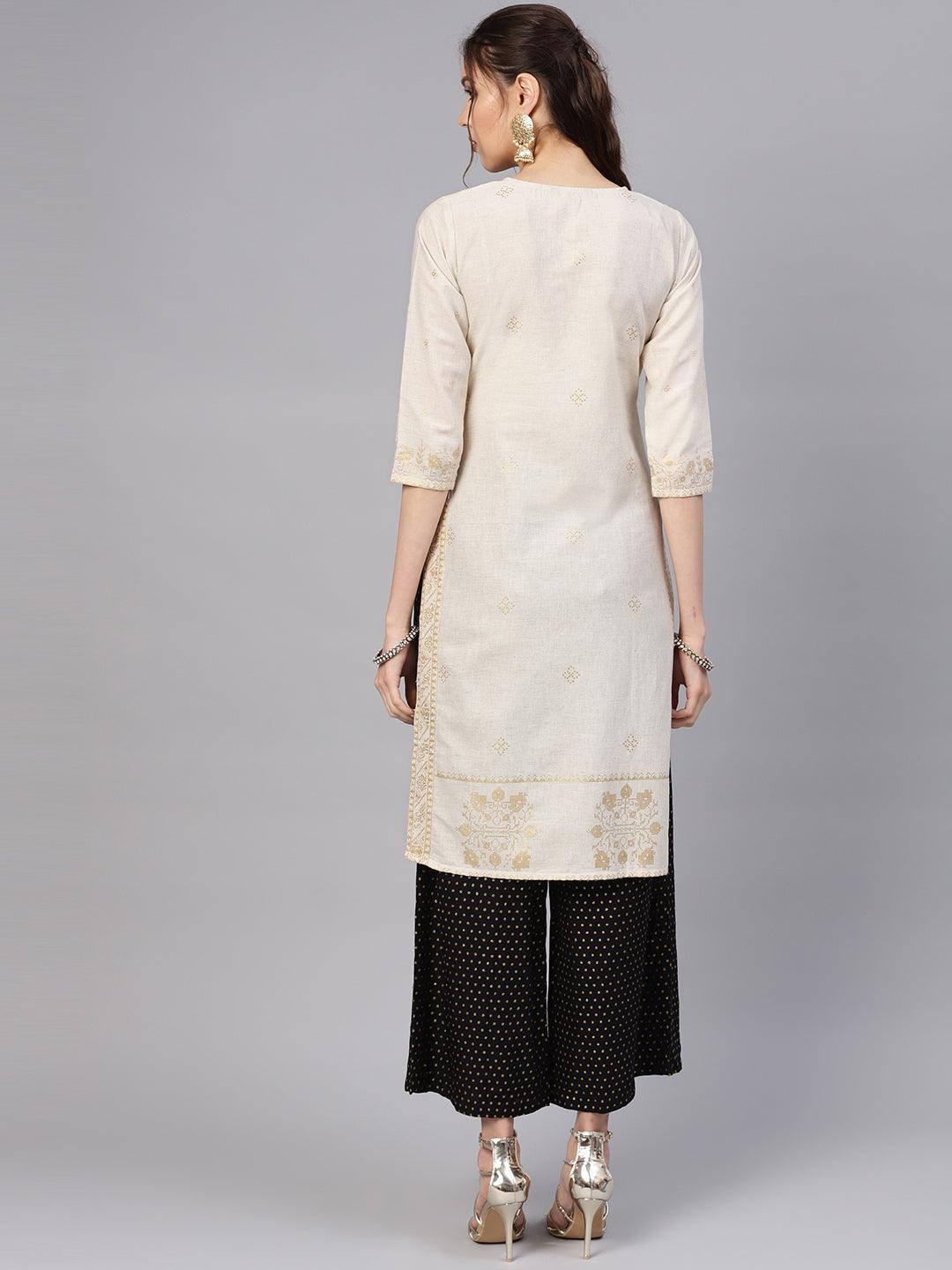 Beige Printed Cotton Kurta - Libas 
