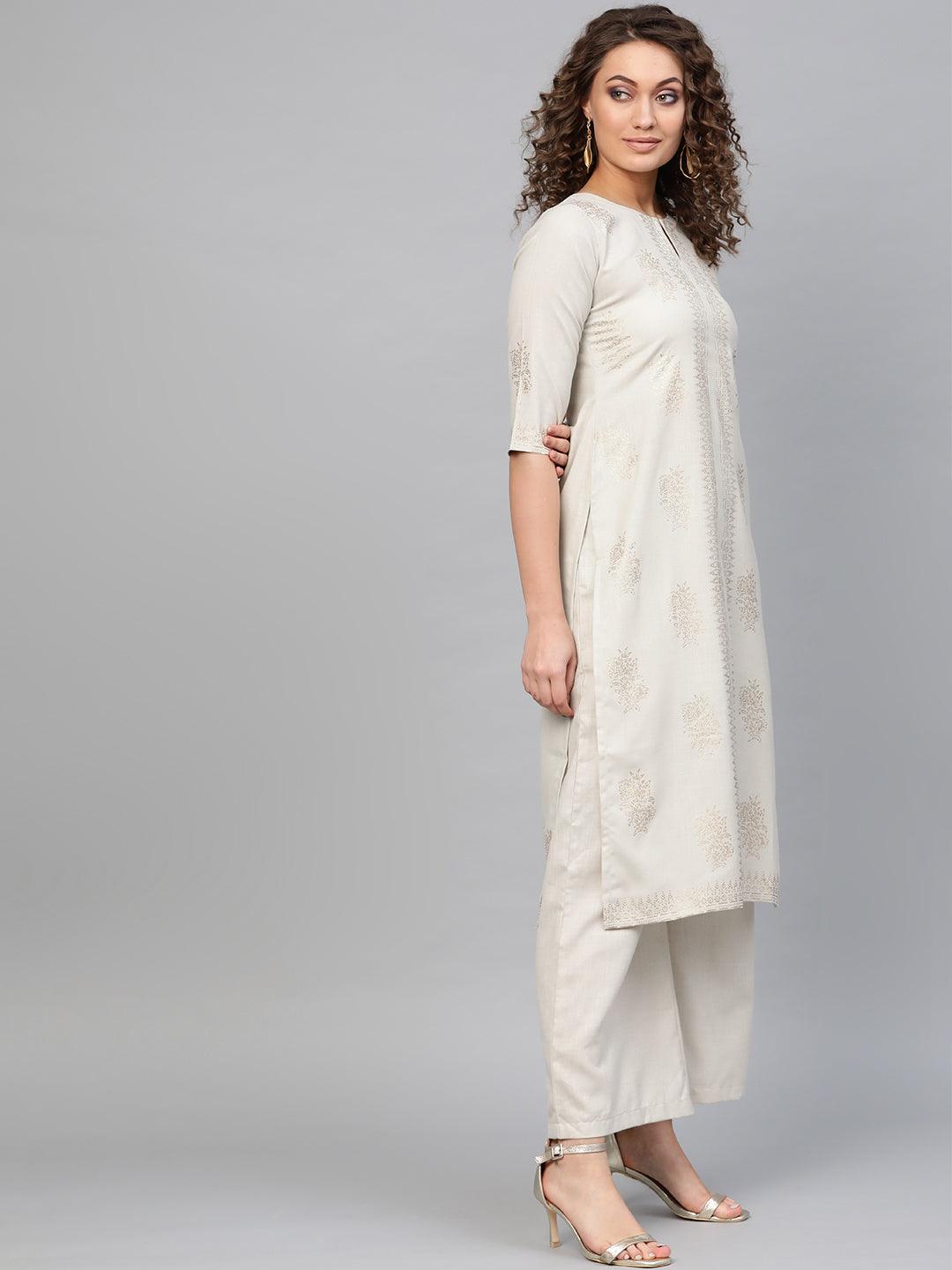 Beige Printed Cotton Kurta - Libas 