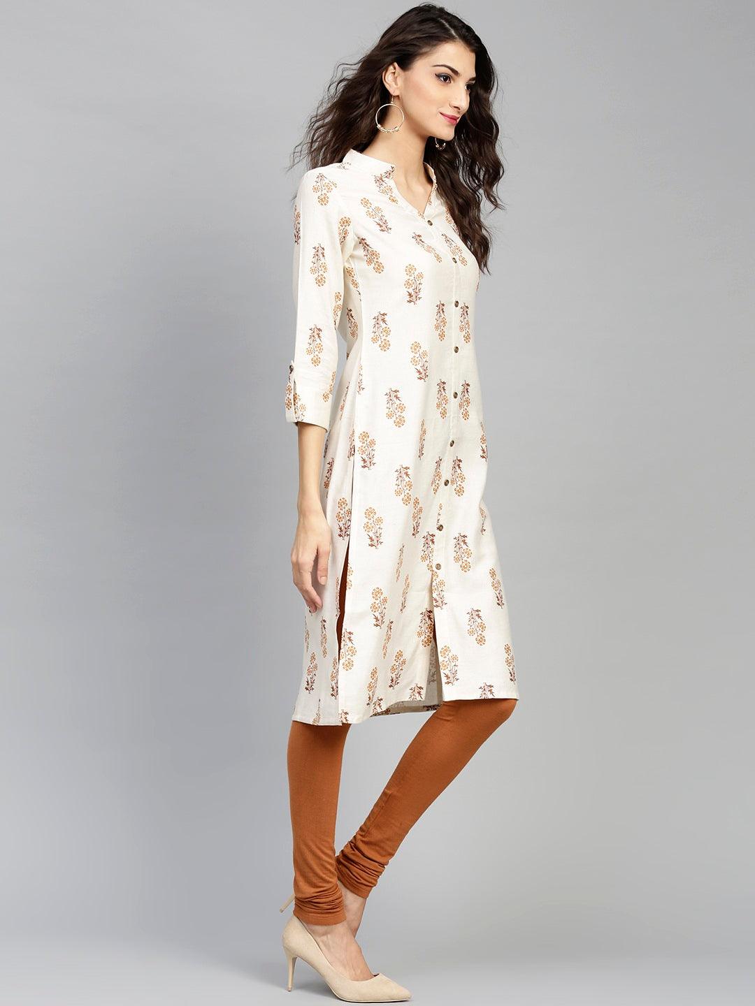 Beige Printed Cotton Kurta - Libas 