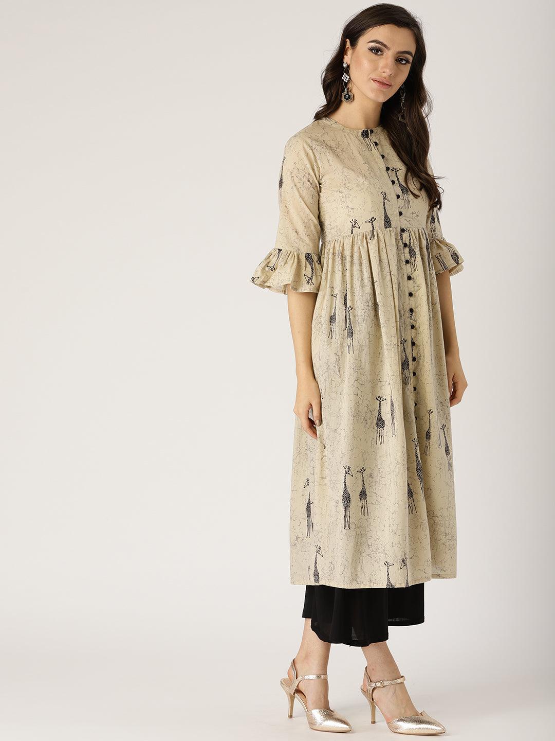 Beige Printed Cotton Kurta - Libas 