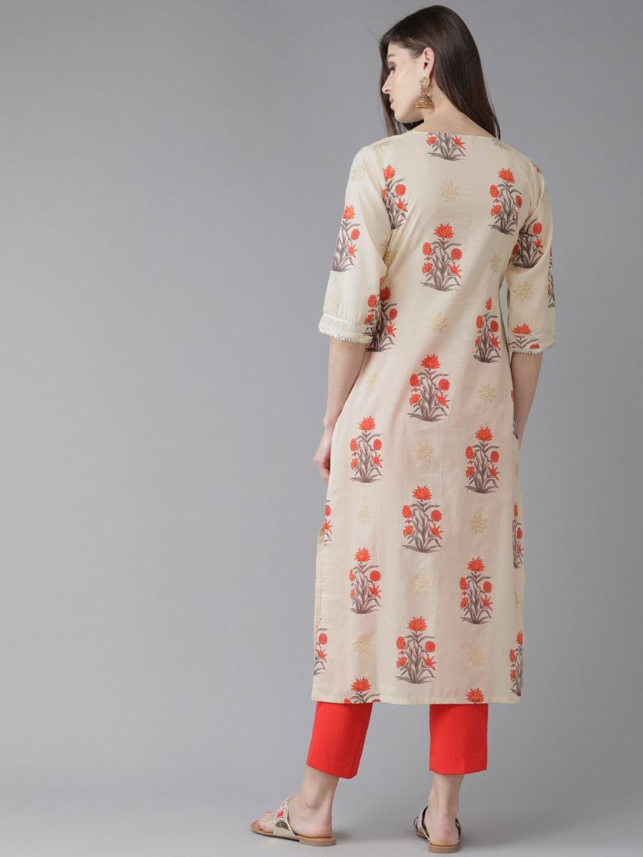 Beige Printed Cotton Kurta - Libas 