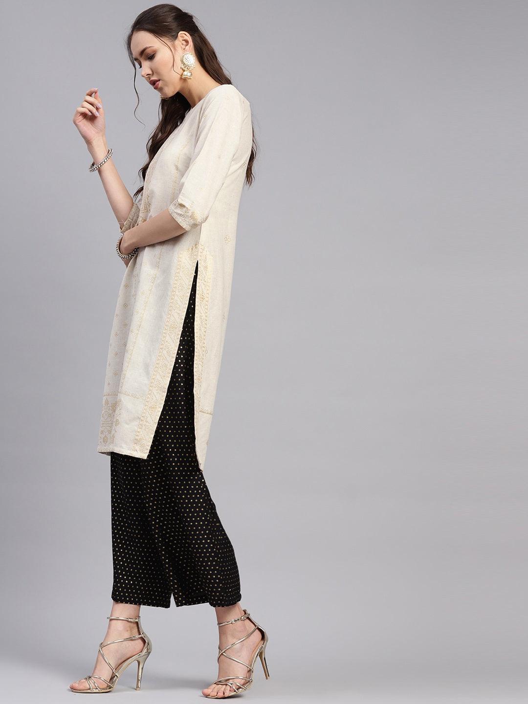 Beige Printed Cotton Kurta - Libas 